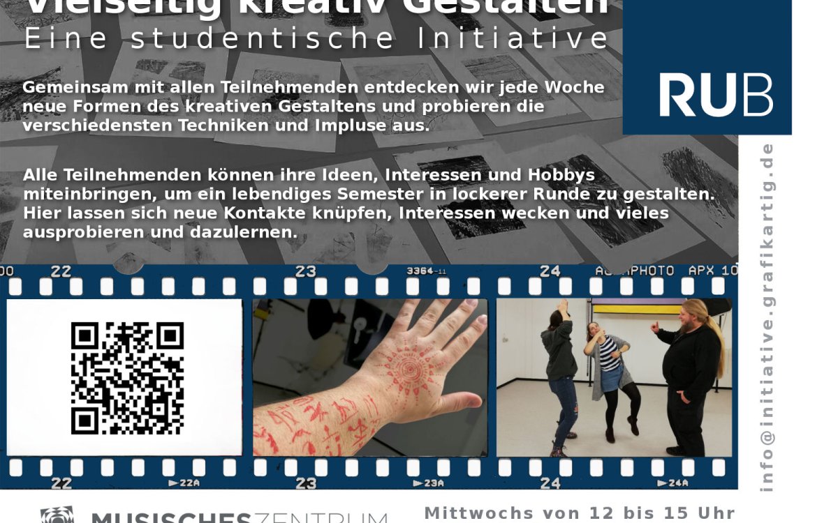Kreativität an der Ruhr-Uni, Hand mit Zeichnungen und Personen in Bewegung